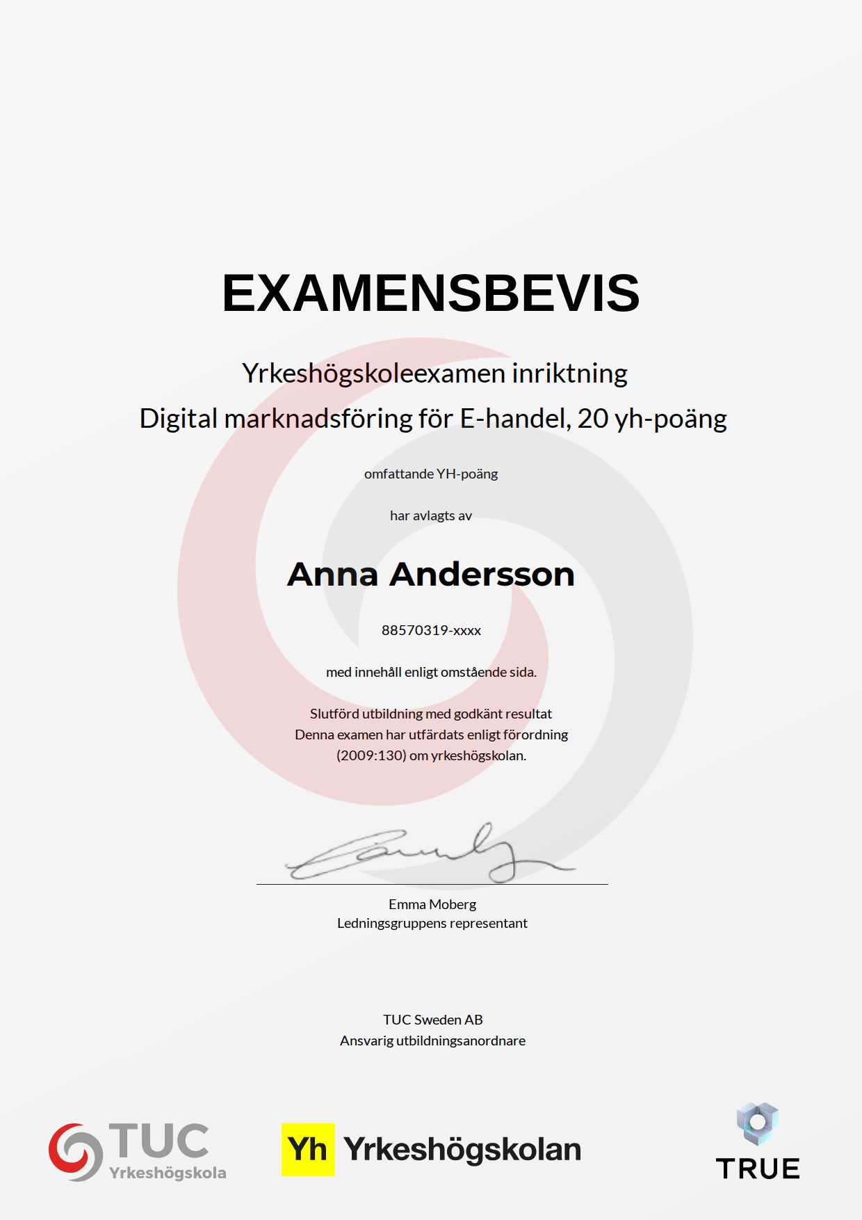 Exempel: diplom för Digital marknadsföring för E-handel, 20 yh-poäng från TUC Yrkeshögskola