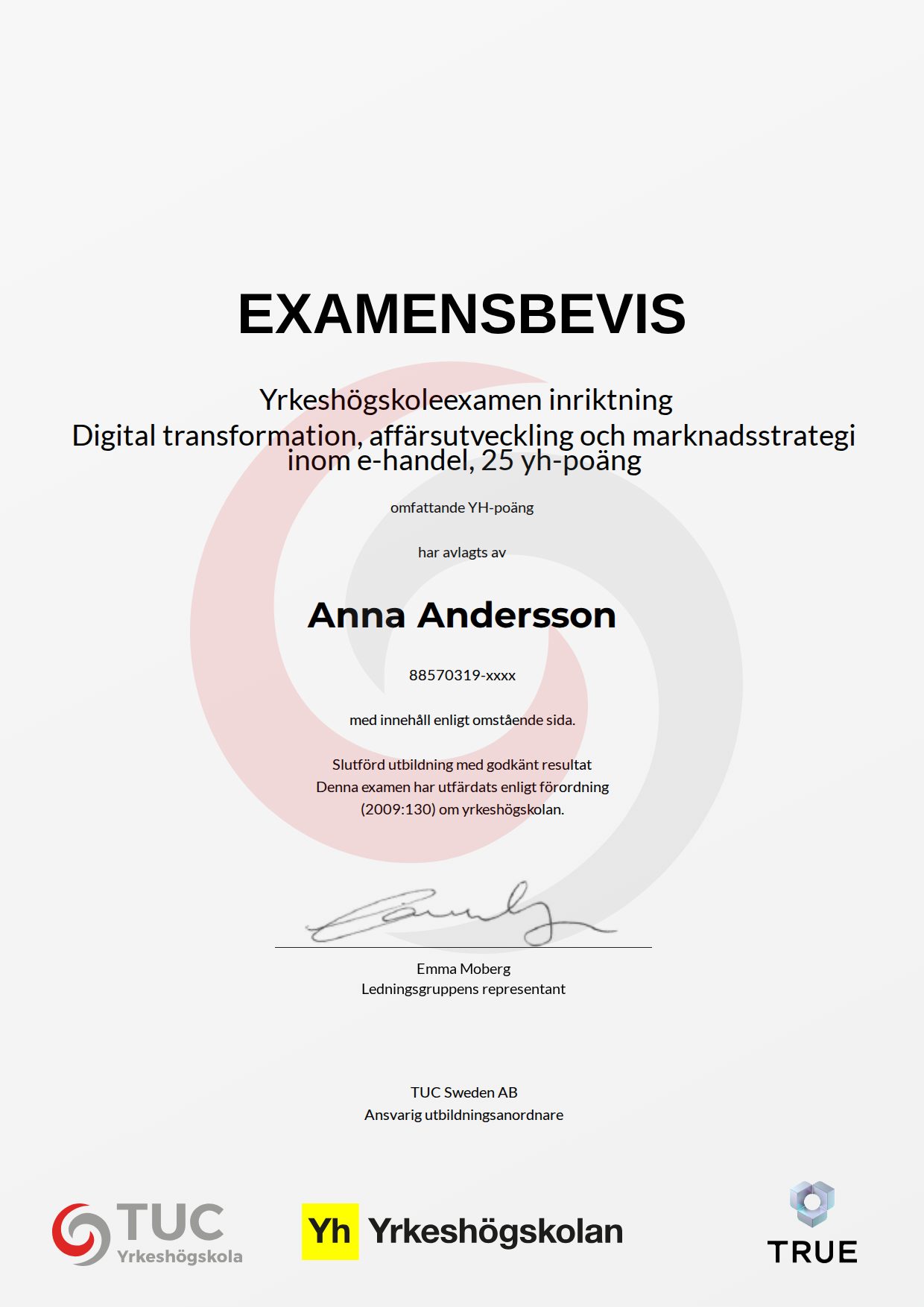 Exempel: diplom för Digital transformation, affärsutveckling och marknadsstrategi inom e-handel, 25 yh-poäng från TUC Yrkeshögskola