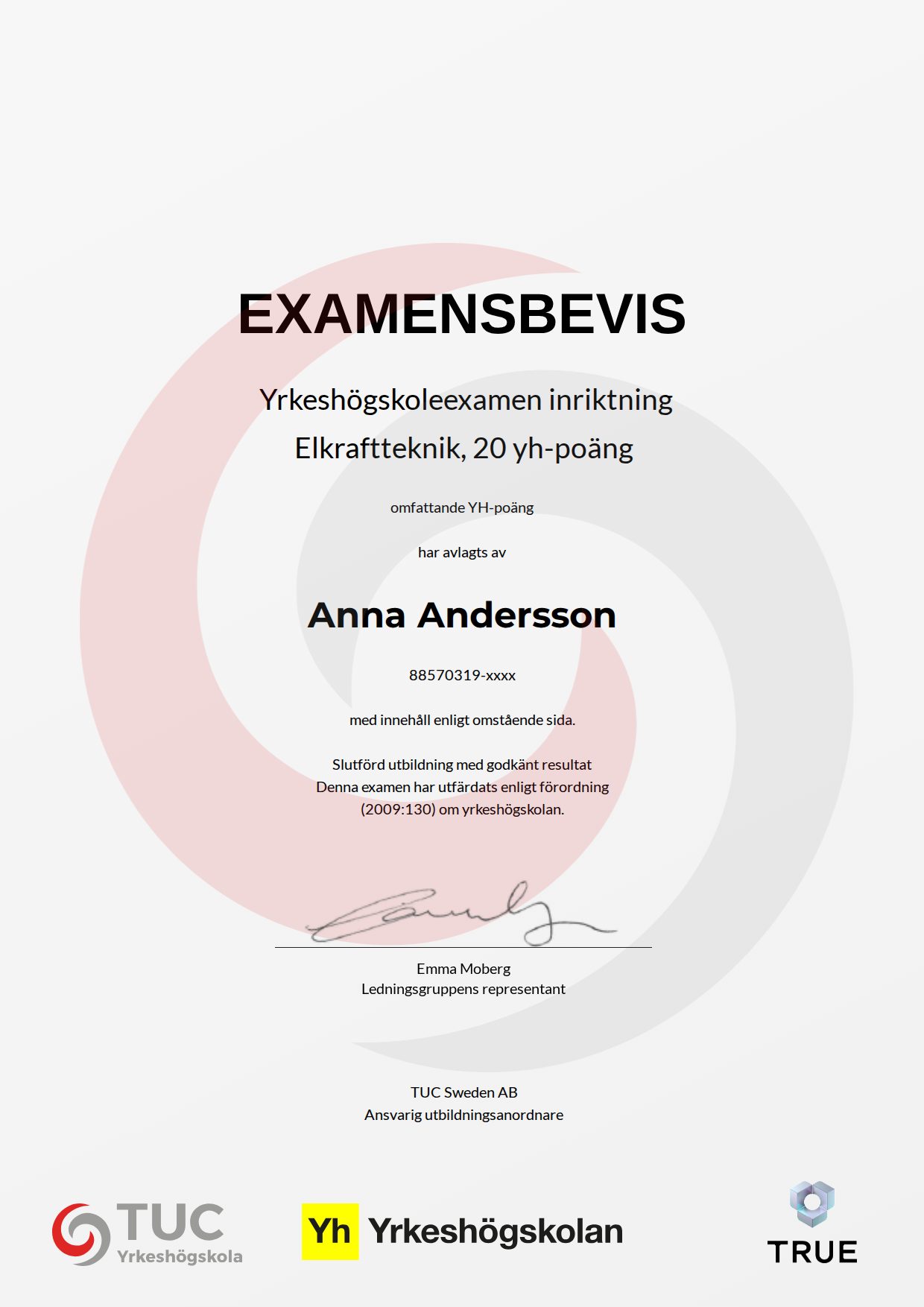 Example certificate for Elkraftteknik, 20 yh-poäng from TUC Yrkeshögskola