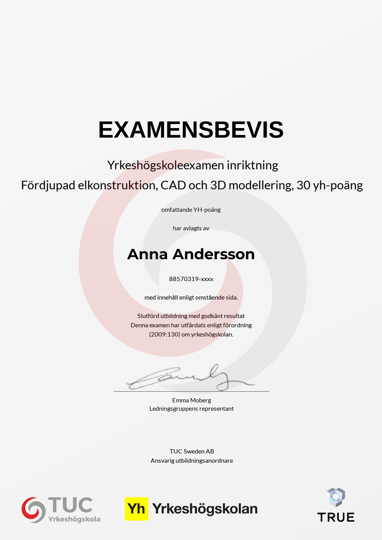 Exempel: diplom för Fördjupad elkonstruktion, CAD och 3D modellering, 30 yh-poäng från TUC Yrkeshögskola