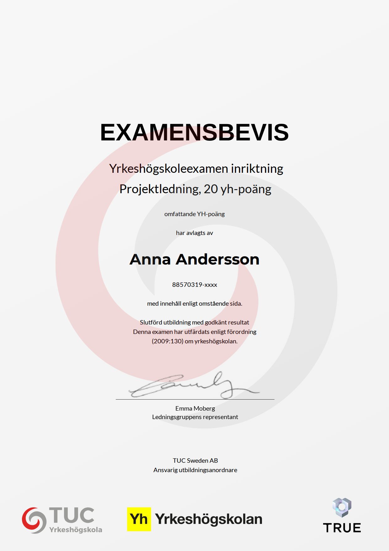 Example certificate for Projektledning, 20 yh-poäng from TUC Yrkeshögskola