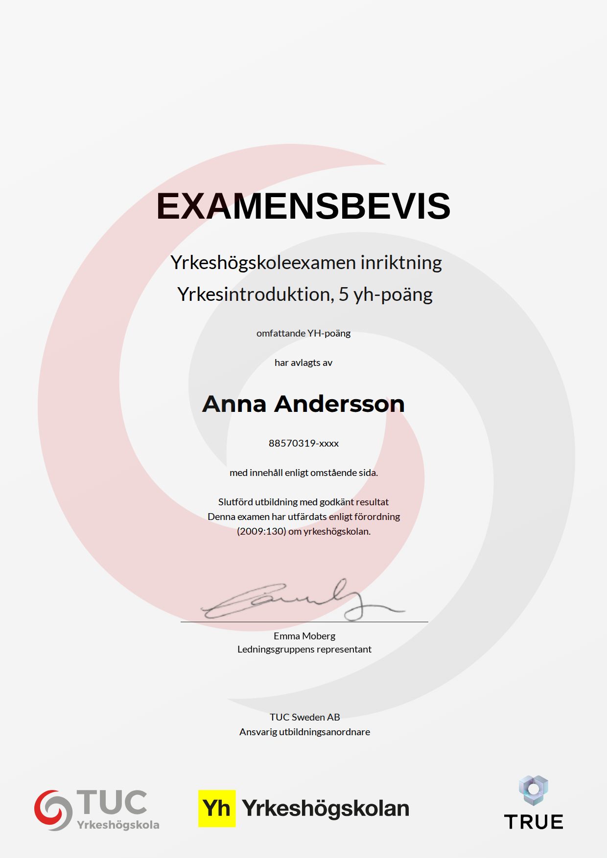 Example certificate for Yrkesintroduktion, 5 yh-poäng from TUC Yrkeshögskola