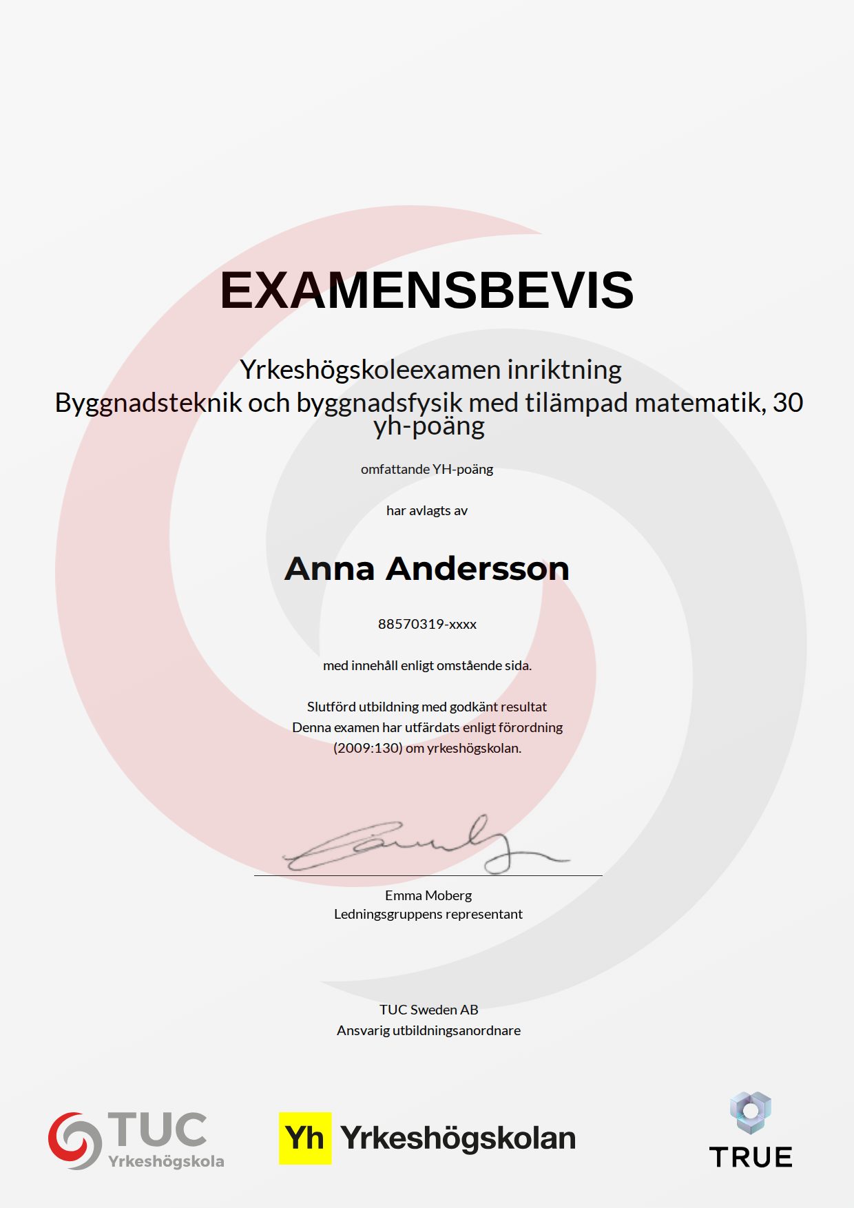 Exempel: diplom för Byggnadsteknik och byggnadsfysik med tilämpad matematik, 30 yh-poäng från TUC Yrkeshögskola