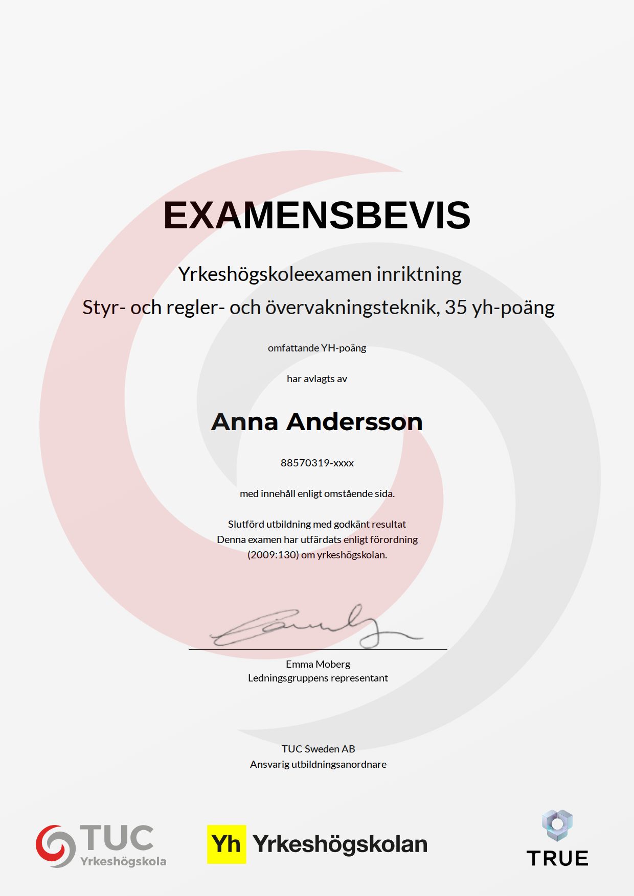 Example certificate for Styr- och regler- och övervakningsteknik, 35 yh-poäng from TUC Yrkeshögskola