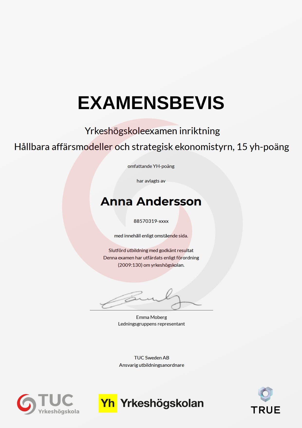 Exempel: diplom för Hållbara affärsmodeller och strategisk ekonomistyrn, 15 yh-poäng från TUC Yrkeshögskola