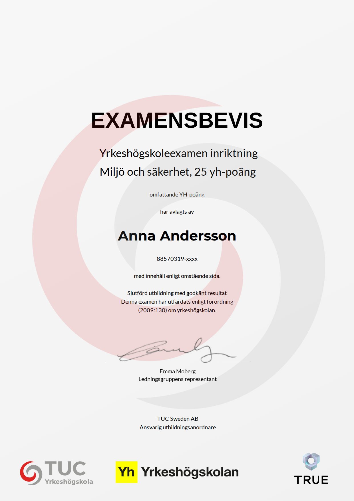 Example certificate for Miljö och säkerhet, 25 yh-poäng from TUC Yrkeshögskola