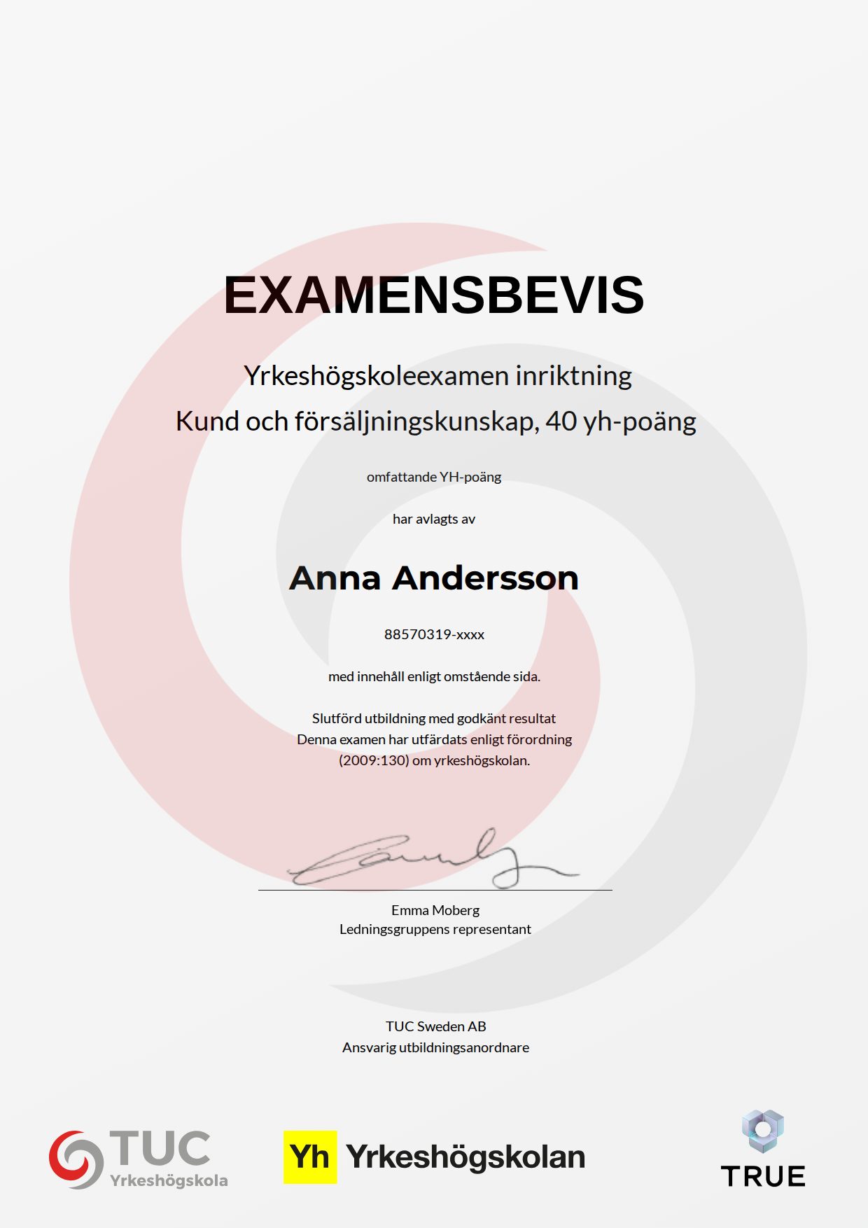 Example certificate for Kund och försäljningskunskap , 40 yh-poäng from TUC Yrkeshögskola