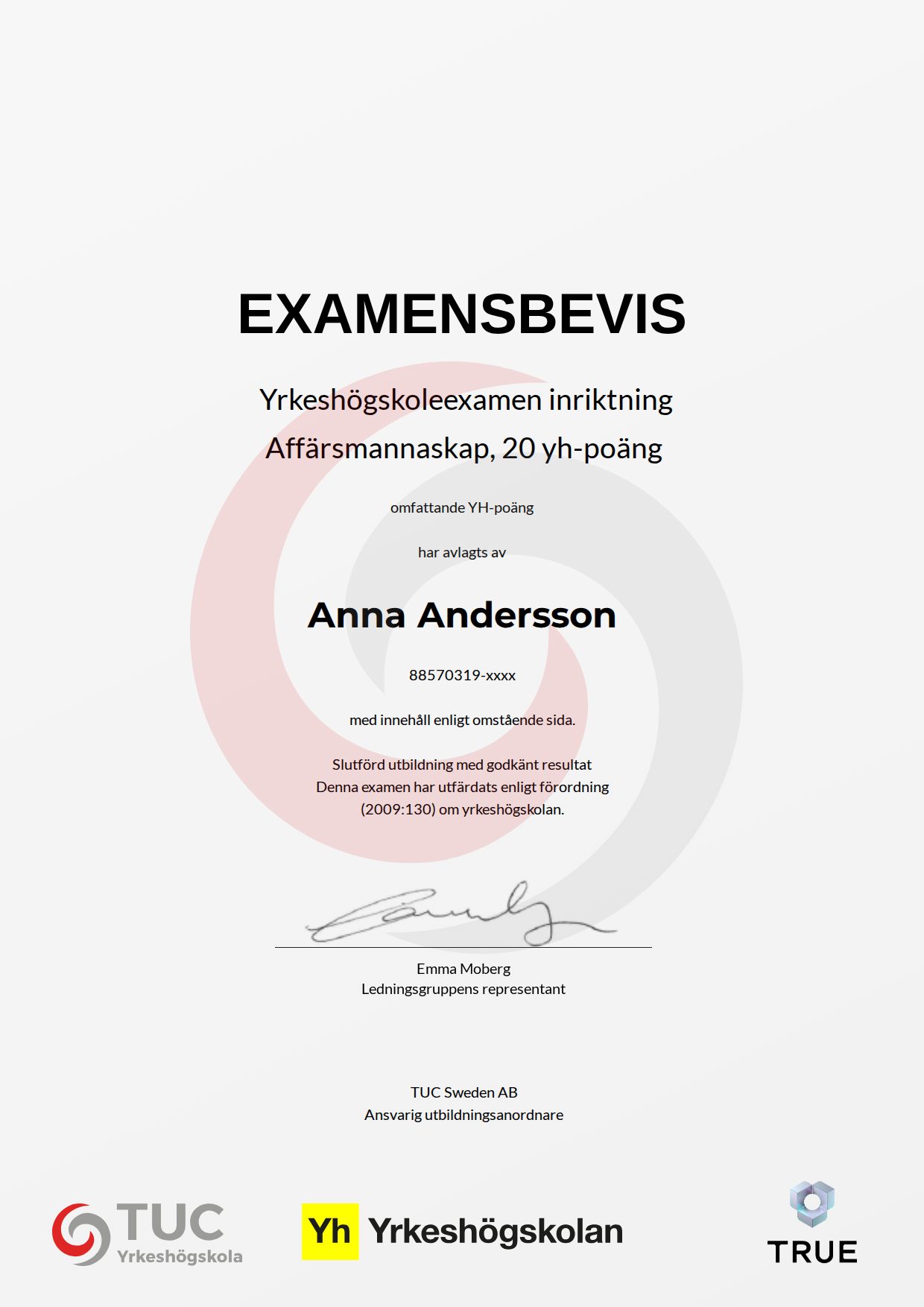 Exempel: diplom för Affärsmannaskap, 20 yh-poäng från TUC Yrkeshögskola