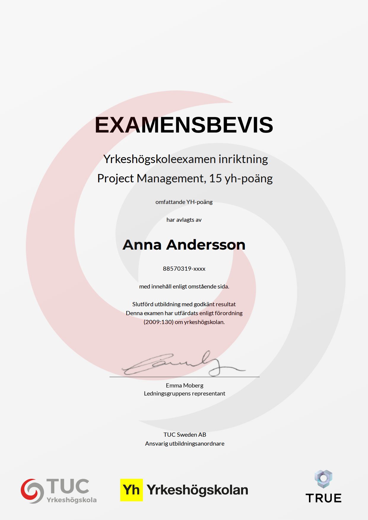 Example certificate for Project Management, 15 yh-poäng from TUC Yrkeshögskola