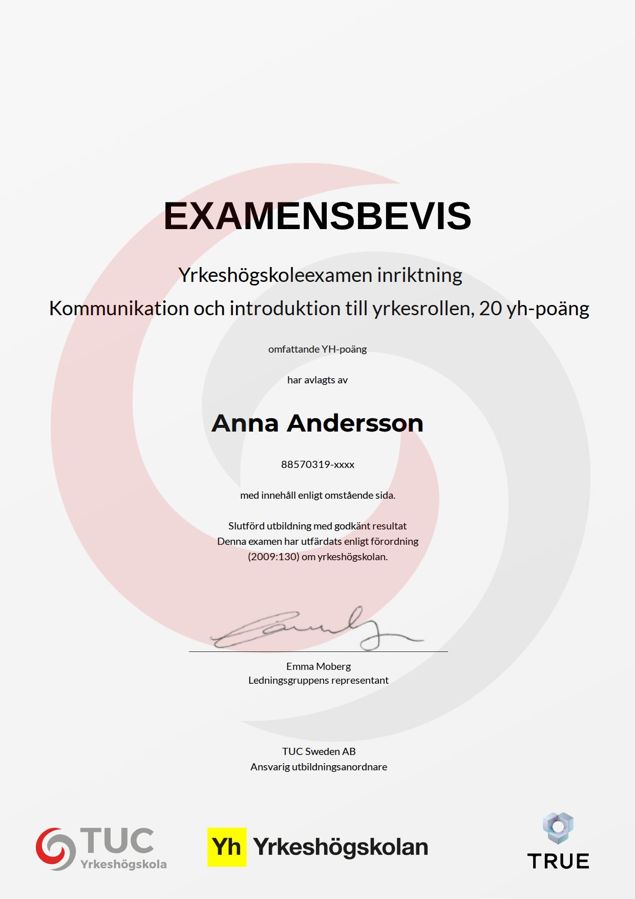 Exempel: diplom för Kommunikation och introduktion till yrkesrollen, 20 yh-poäng från TUC Yrkeshögskola