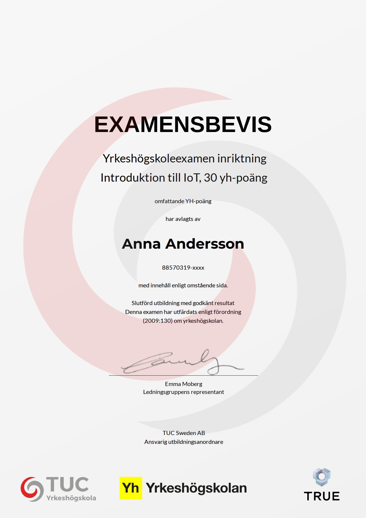 Example certificate for Introduktion till IoT, 30 yh-poäng from TUC Yrkeshögskola