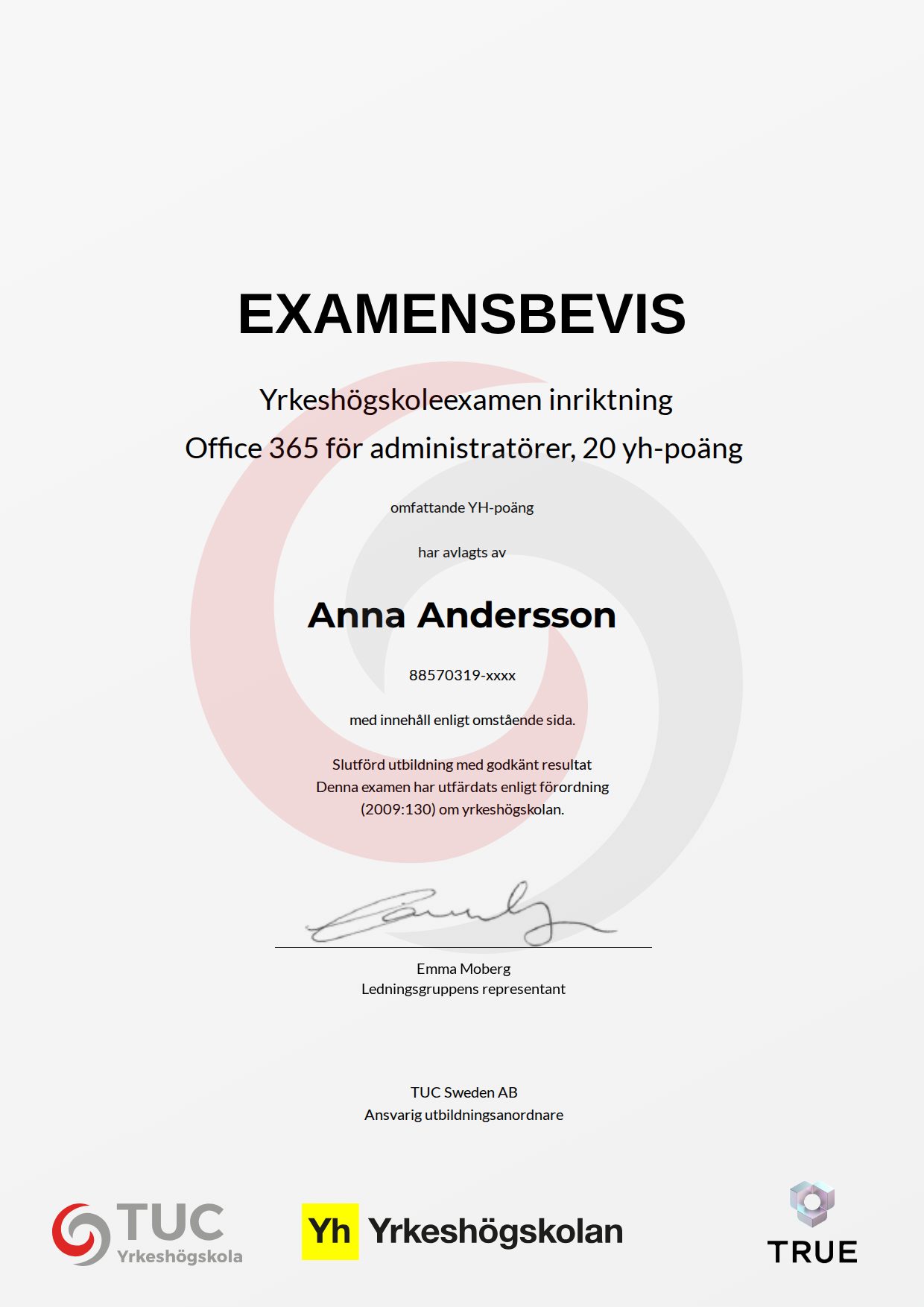 Exempel: diplom för Office 365 för administratörer, 20 yh-poäng från TUC Yrkeshögskola
