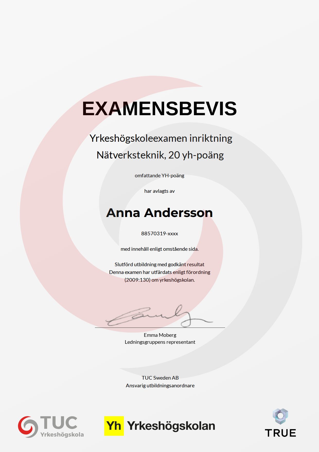 Example certificate for Nätverksteknik, 20 yh-poäng from TUC Yrkeshögskola
