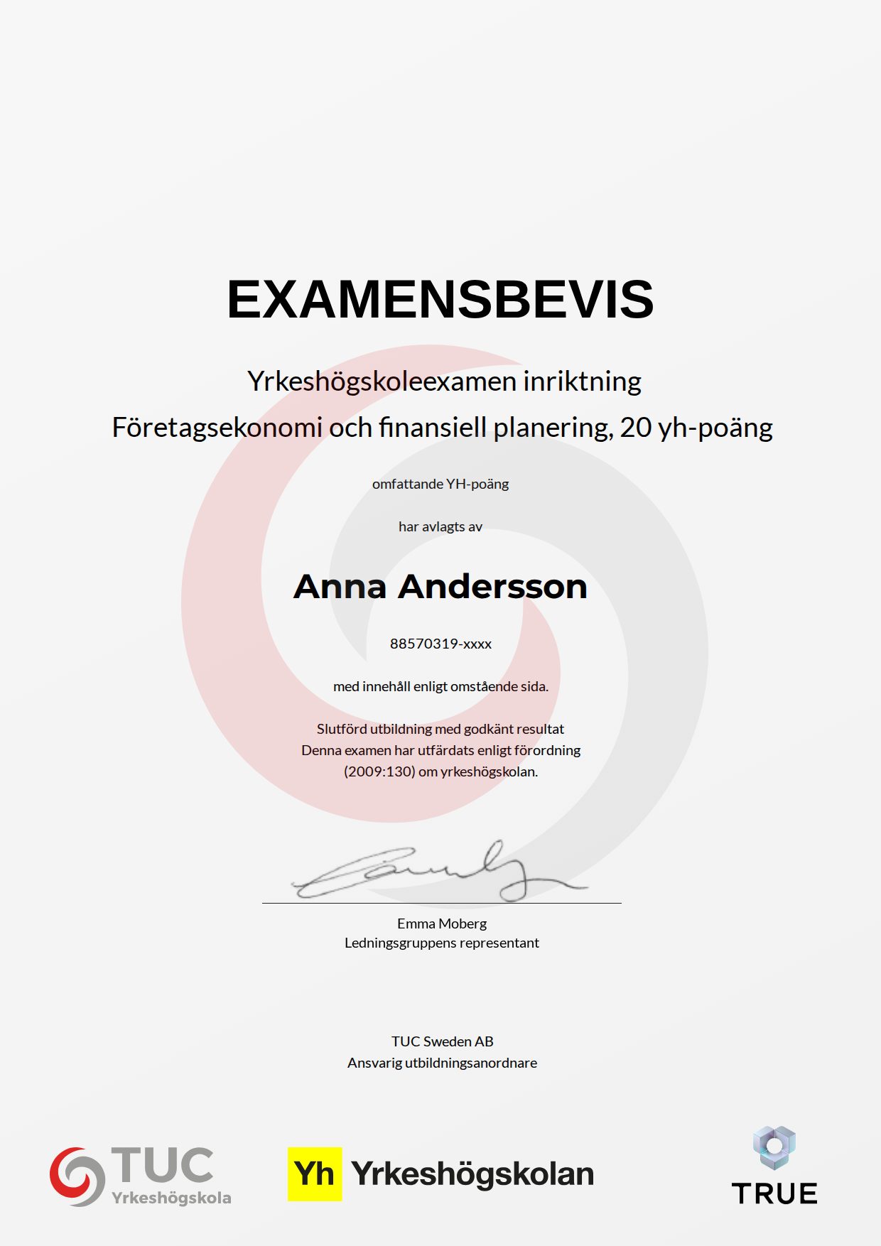 Example certificate for Företagsekonomi och finansiell planering, 20 yh-poäng from TUC Yrkeshögskola