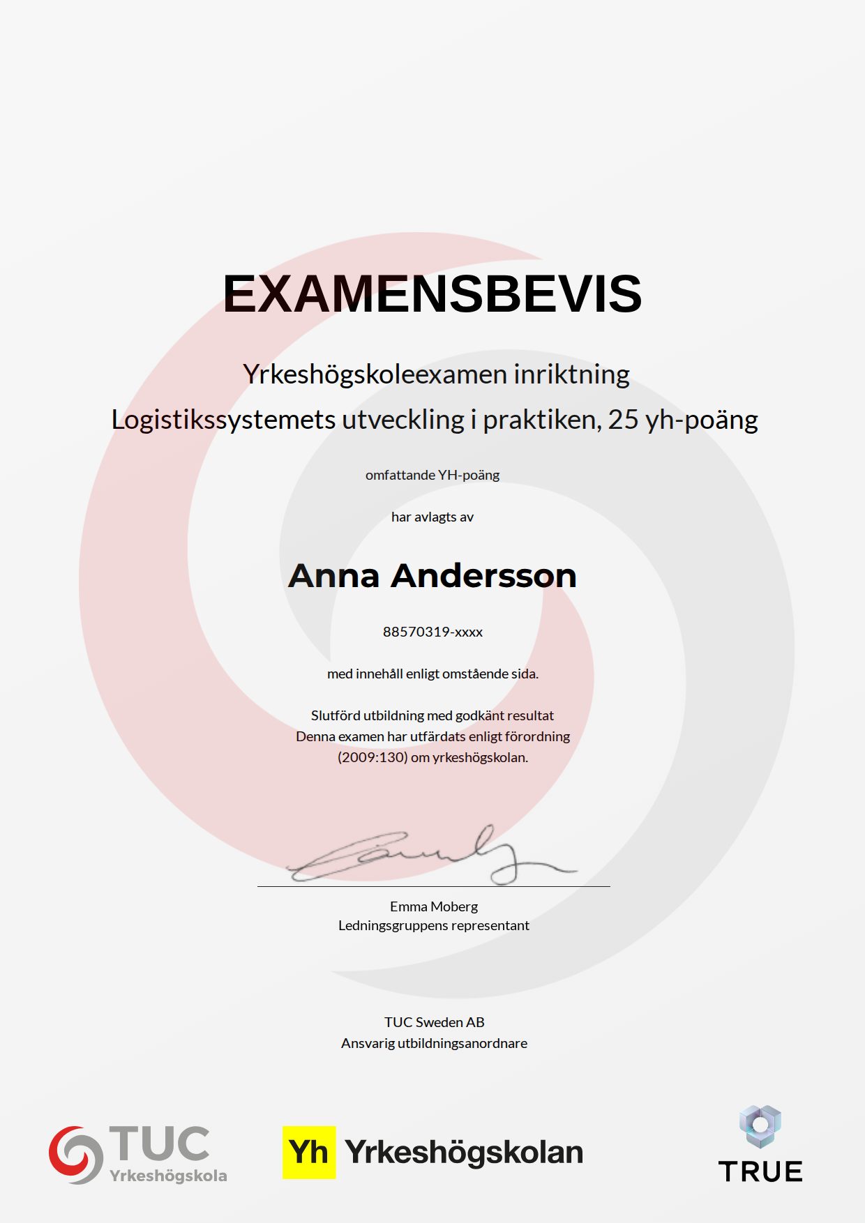 Example certificate for Logistikssystemets utveckling i praktiken, 25 yh-poäng from TUC Yrkeshögskola