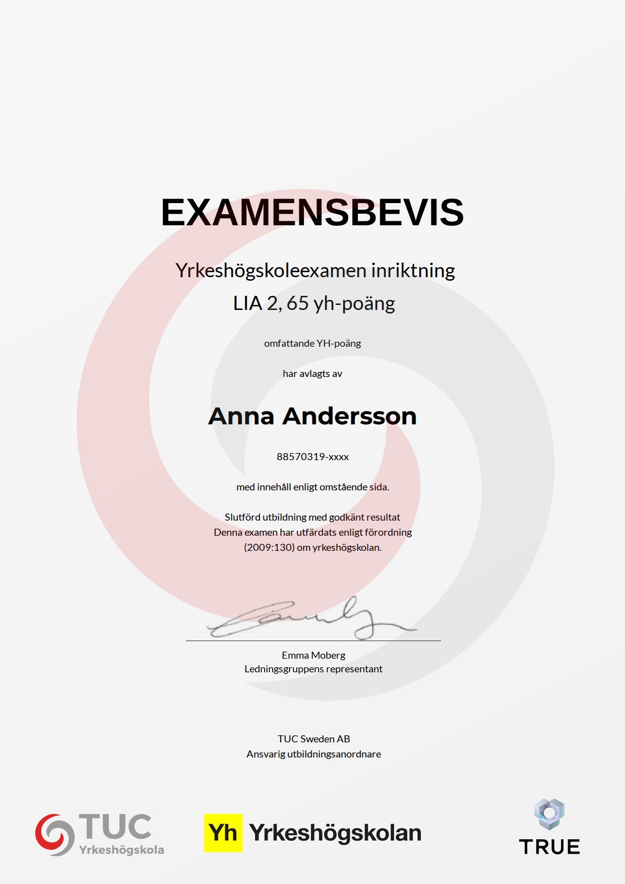 Example certificate for LIA 2, 65 yh-poäng from TUC Yrkeshögskola