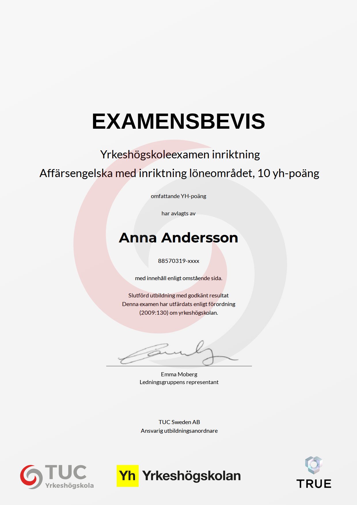Exempel: diplom för Affärsengelska med inriktning löneområdet, 10 yh-poäng från TUC Yrkeshögskola