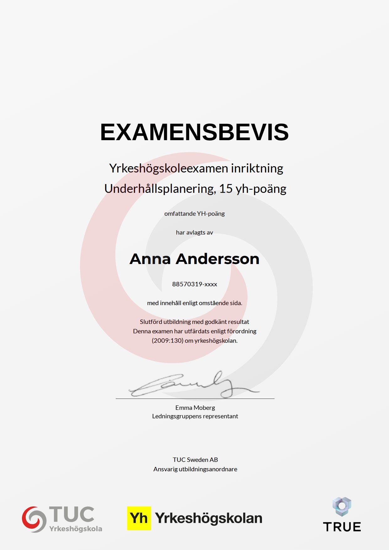 Example certificate for Underhållsplanering, 15 yh-poäng from TUC Yrkeshögskola