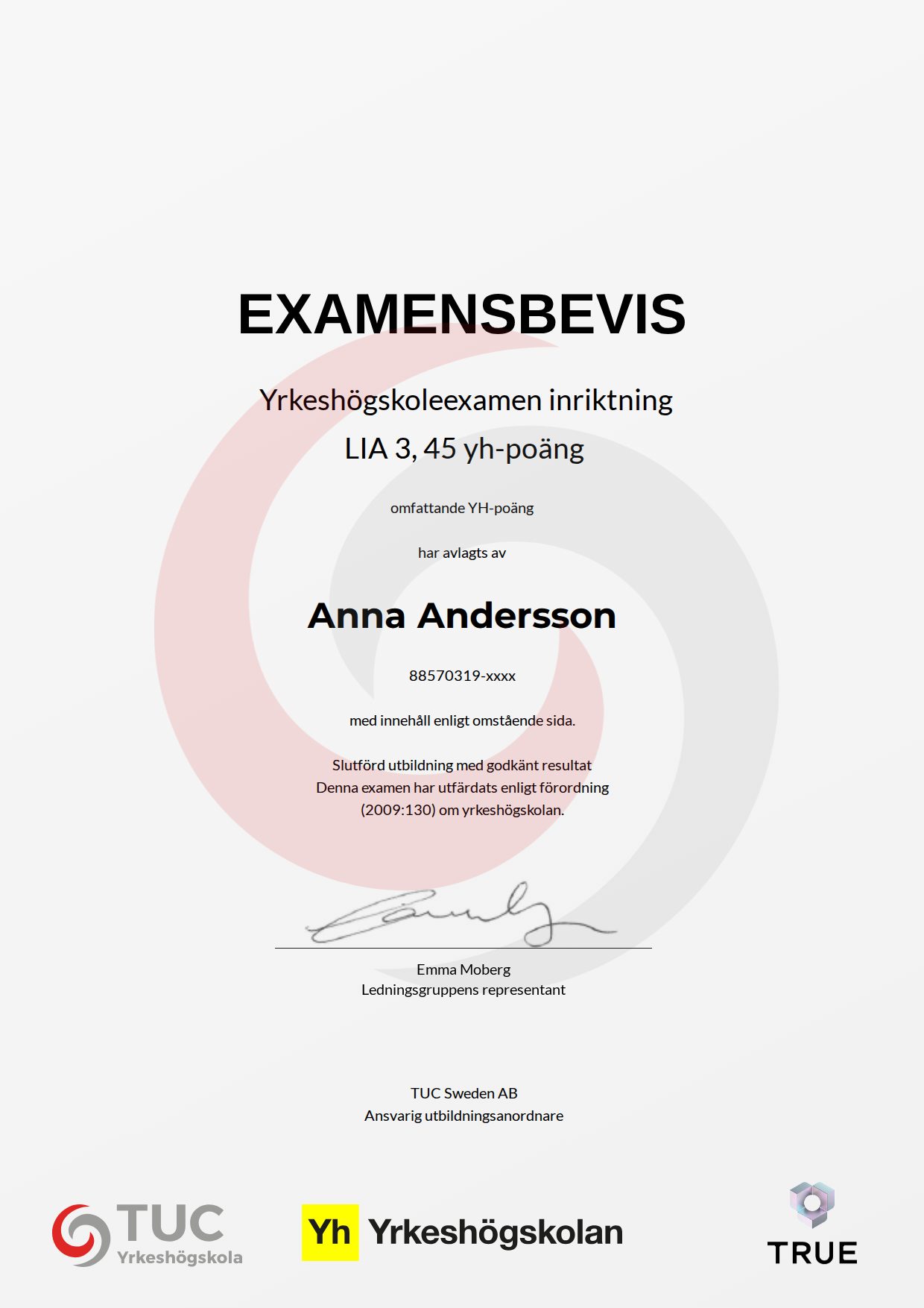 Example certificate for LIA 3, 45 yh-poäng from TUC Yrkeshögskola