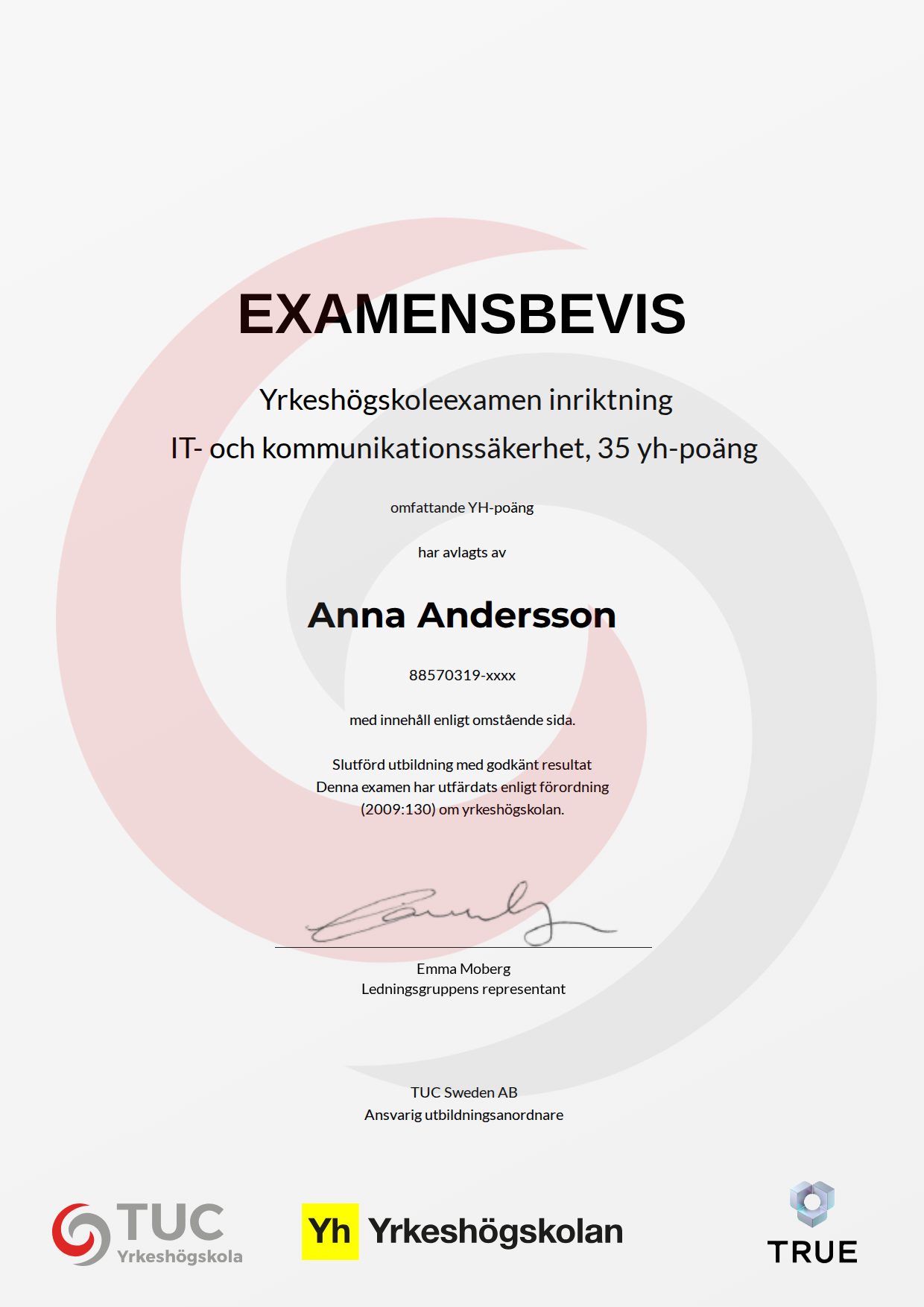 Example certificate for IT- och kommunikationssäkerhet, 35 yh-poäng from TUC Yrkeshögskola