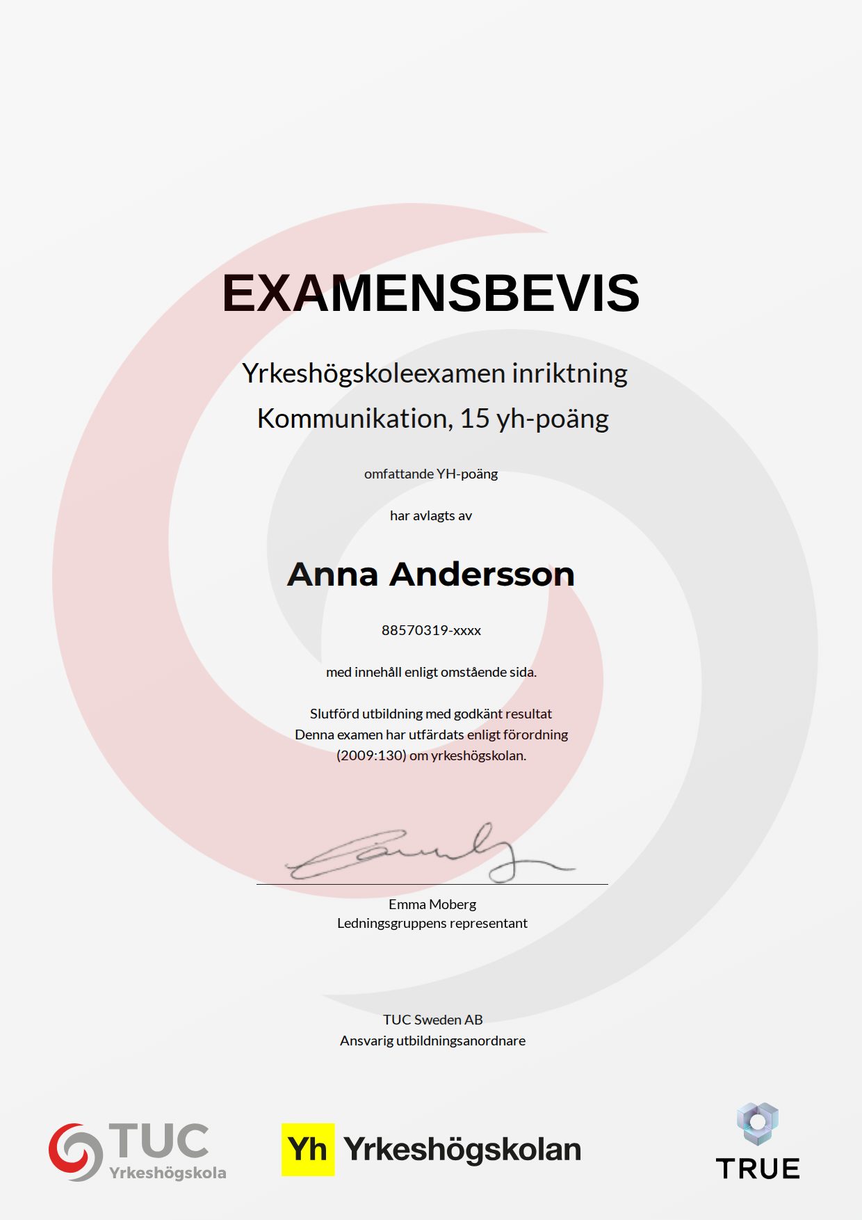 Exempel: diplom för Kommunikation, 15 yh-poäng från TUC Yrkeshögskola