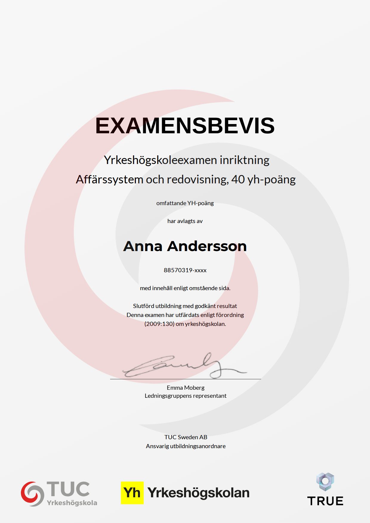 Example certificate for Affärssystem och redovisning, 40 yh-poäng from TUC Yrkeshögskola
