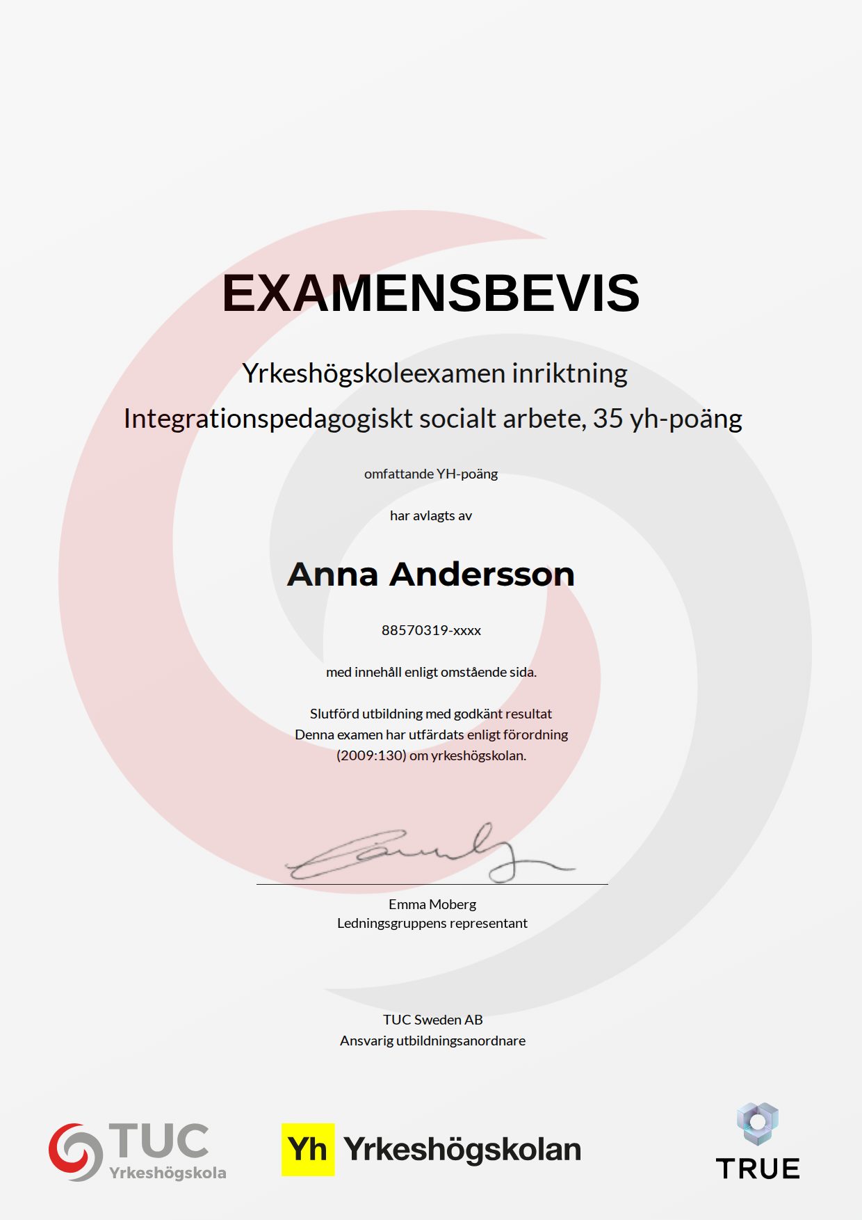 Exempel: diplom för Integrationspedagogiskt socialt arbete, 35 yh-poäng från TUC Yrkeshögskola
