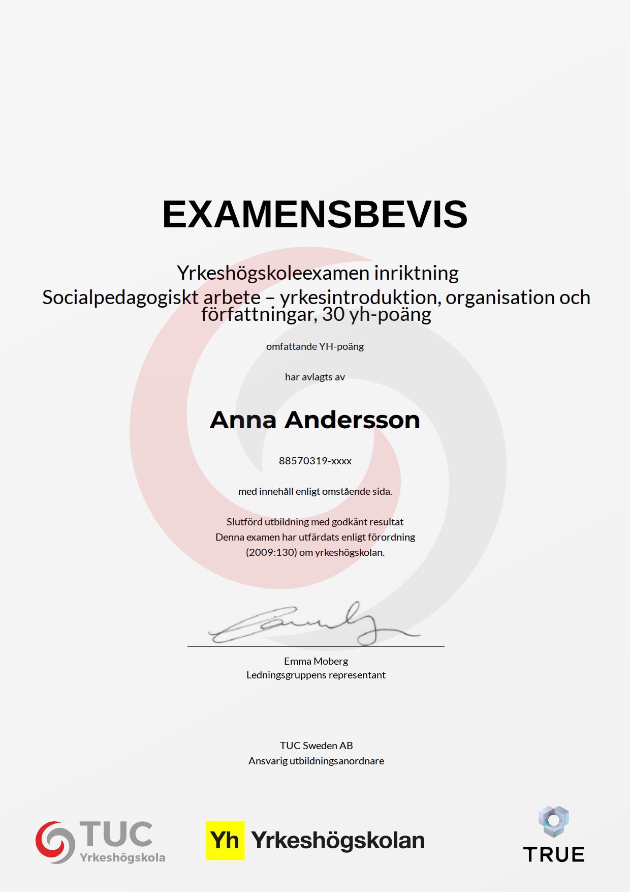 Exempel: diplom för Socialpedagogiskt arbete – yrkesintroduktion, organisation och författningar, 30 yh-poäng från TUC Yrkeshögskola
