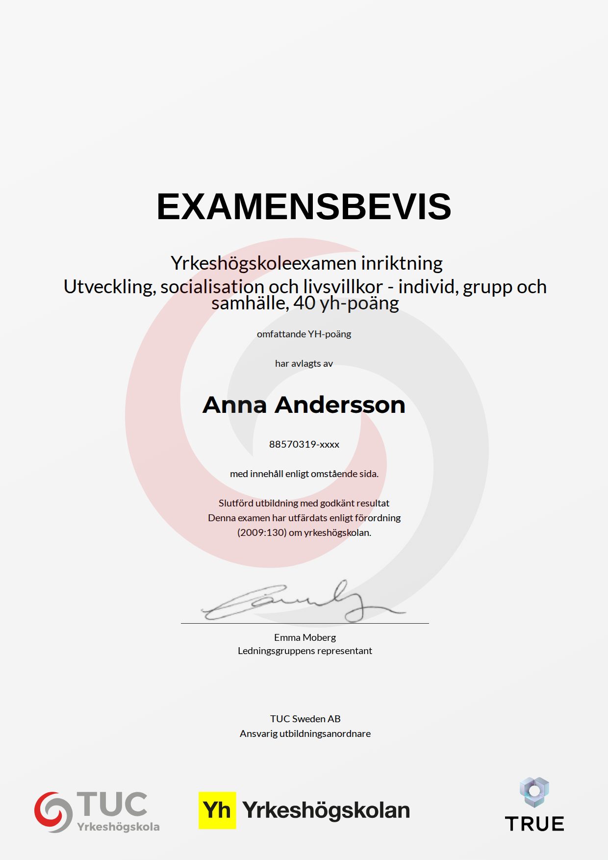 Exempel: diplom för Utveckling, socialisation och livsvillkor - individ, grupp och samhälle, 40 yh-poäng från TUC Yrkeshögskola