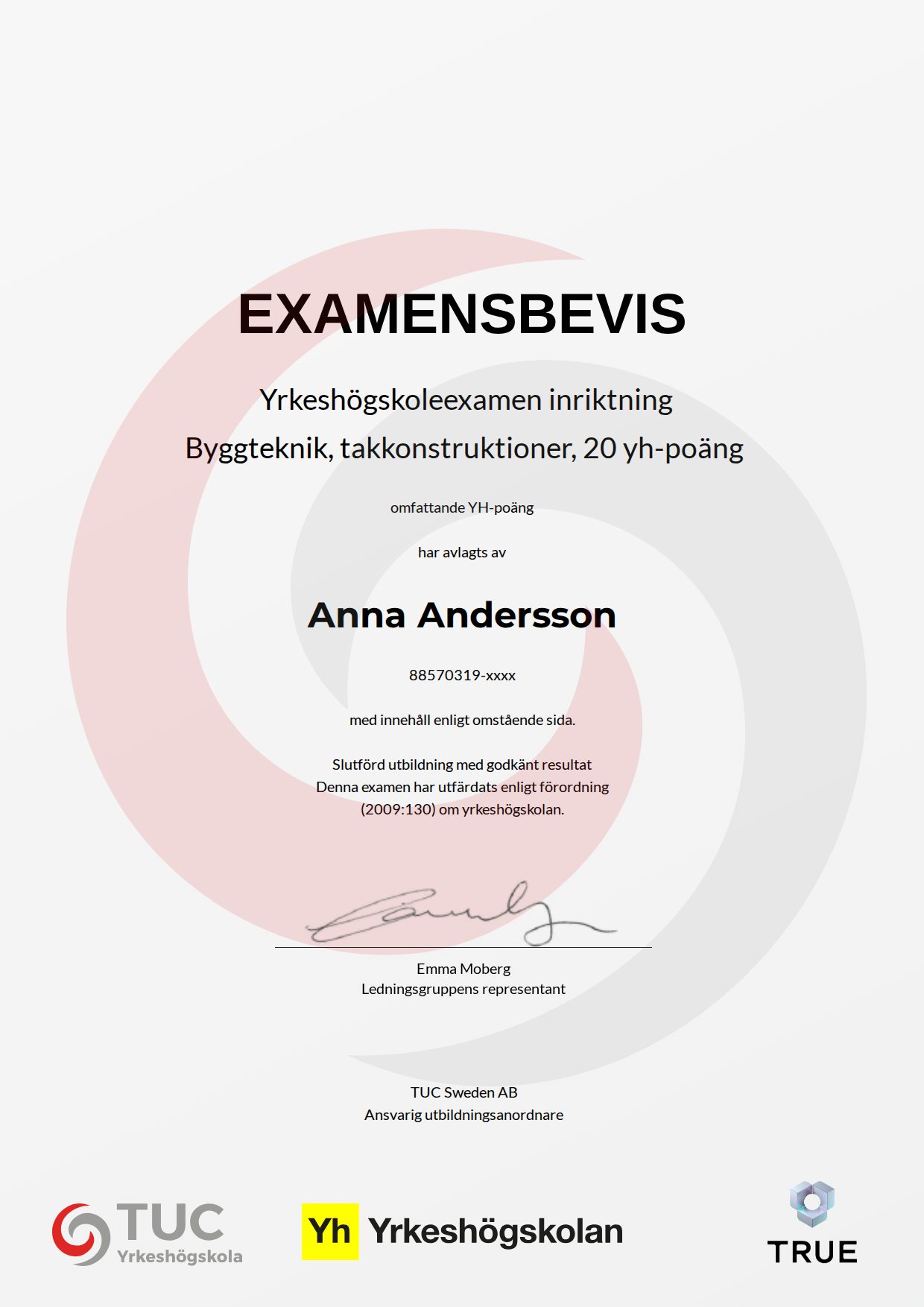 Example certificate for Byggteknik, takkonstruktioner, 20 yh-poäng from TUC Yrkeshögskola