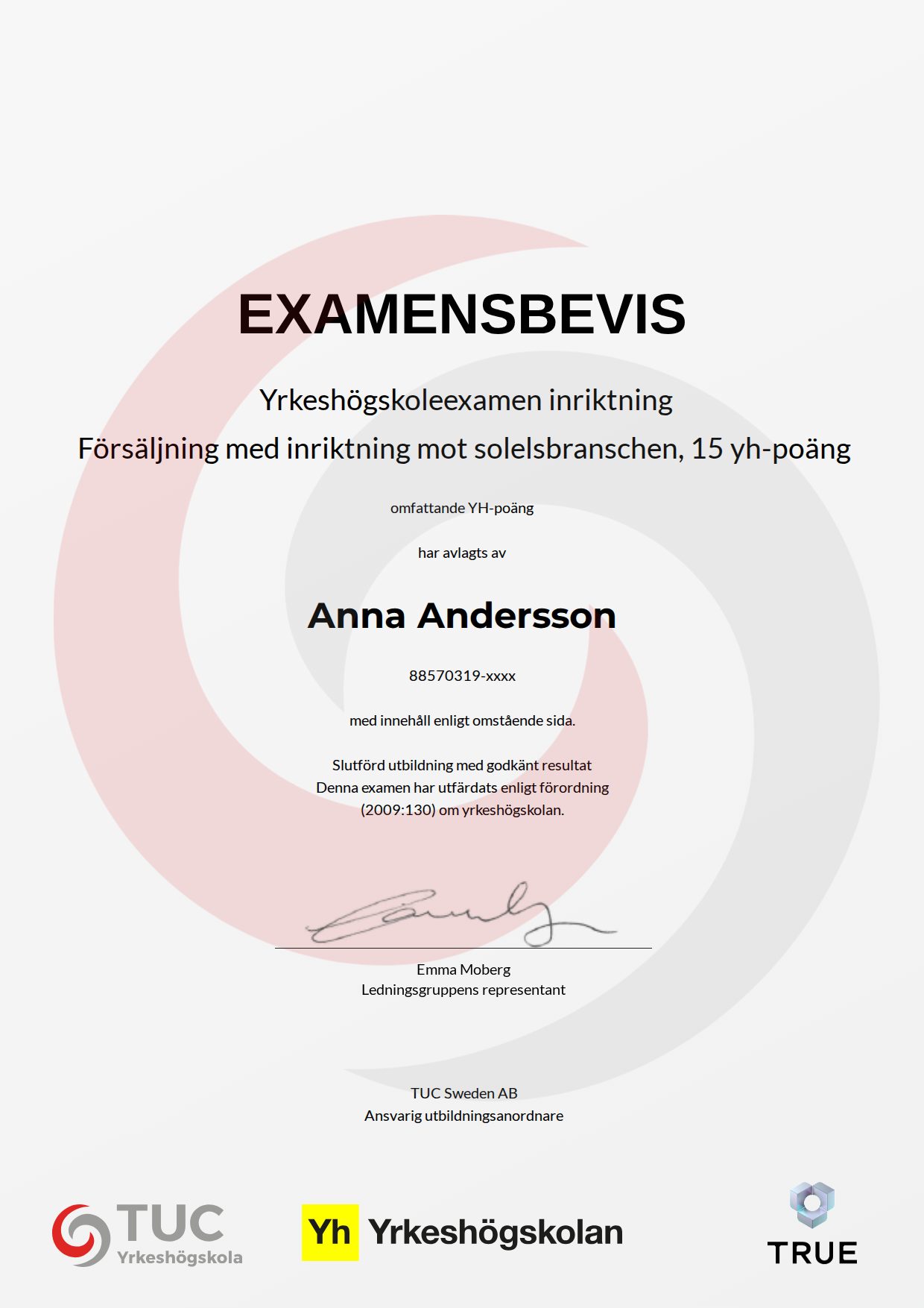 Exempel: diplom för Försäljning med inriktning mot solelsbranschen, 15 yh-poäng från TUC Yrkeshögskola