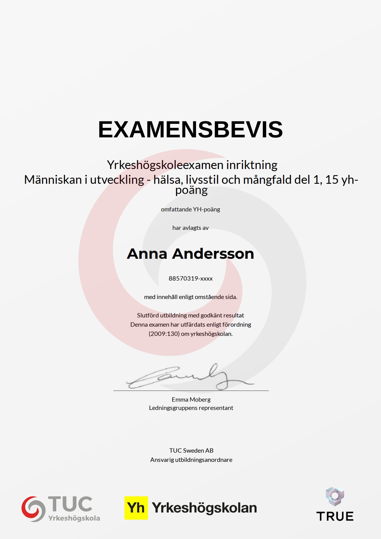 Exempel: diplom för Människan i utveckling - hälsa, livsstil och mångfald del 1, 15 yh-poäng från TUC Yrkeshögskola