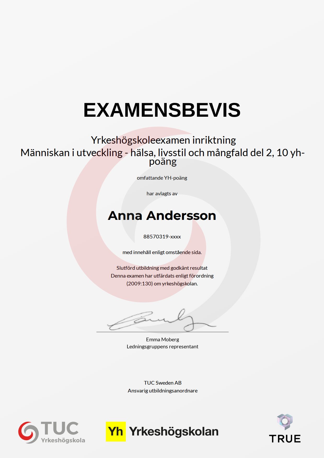 Exempel: diplom för Människan i utveckling - hälsa, livsstil och mångfald del 2, 10 yh-poäng från TUC Yrkeshögskola