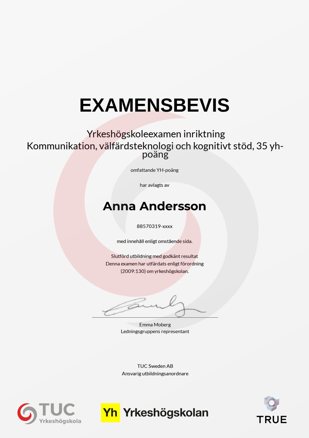 Exempel: diplom för Kommunikation, välfärdsteknologi och kognitivt stöd, 35 yh-poäng från TUC Yrkeshögskola