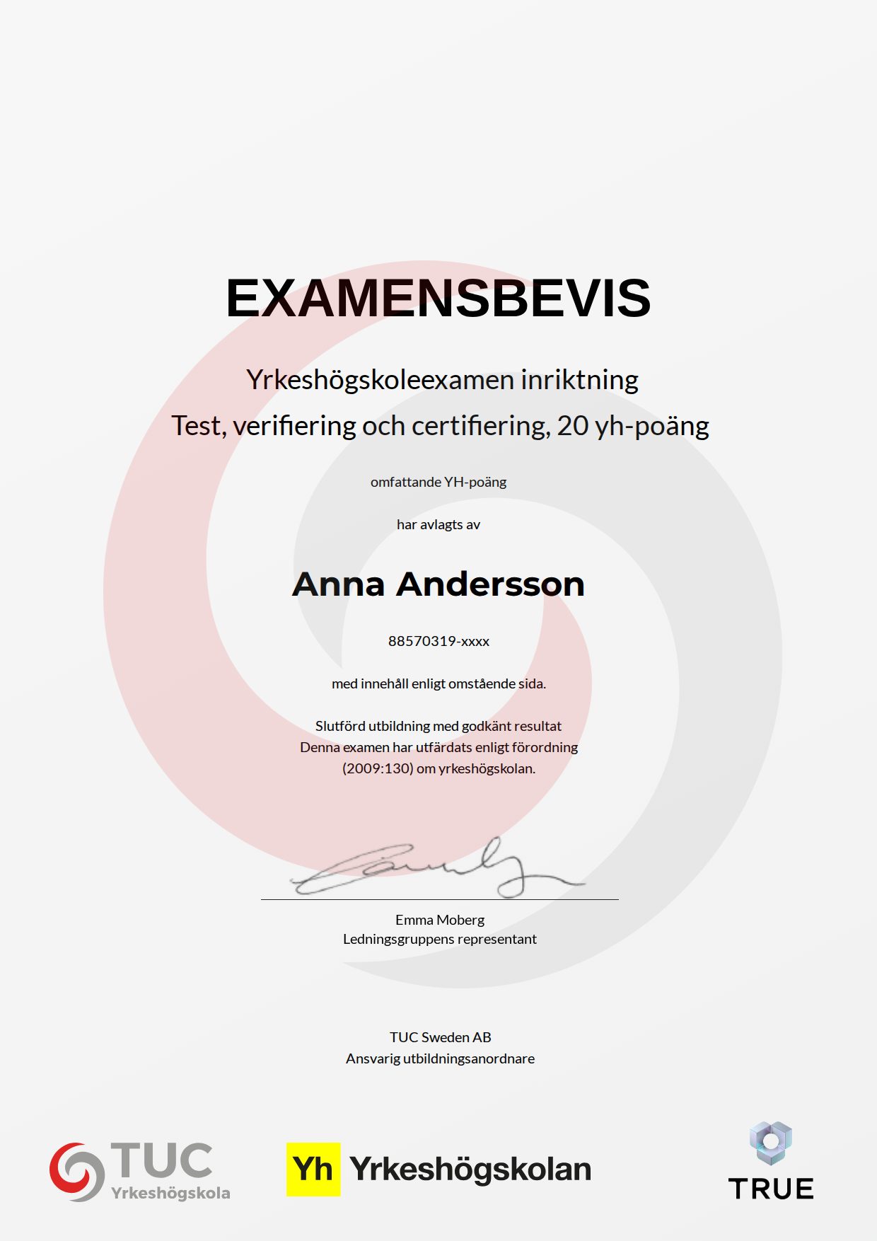 Example certificate for Test, verifiering och certifiering, 20 yh-poäng from TUC Yrkeshögskola