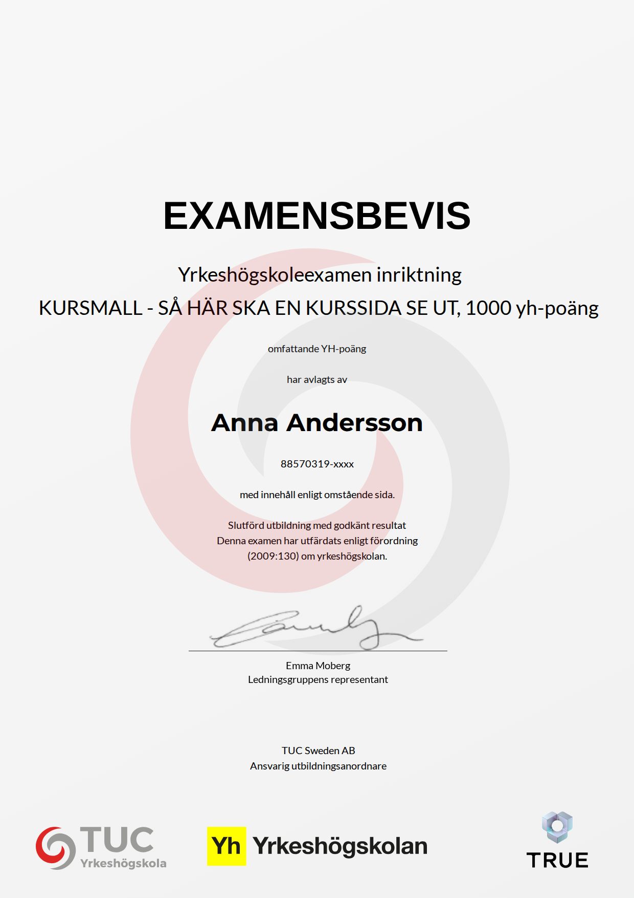 Exempel: diplom för KURSMALL - SÅ HÄR SKA EN KURSSIDA SE UT, 1000 yh-poäng från TUC Yrkeshögskola