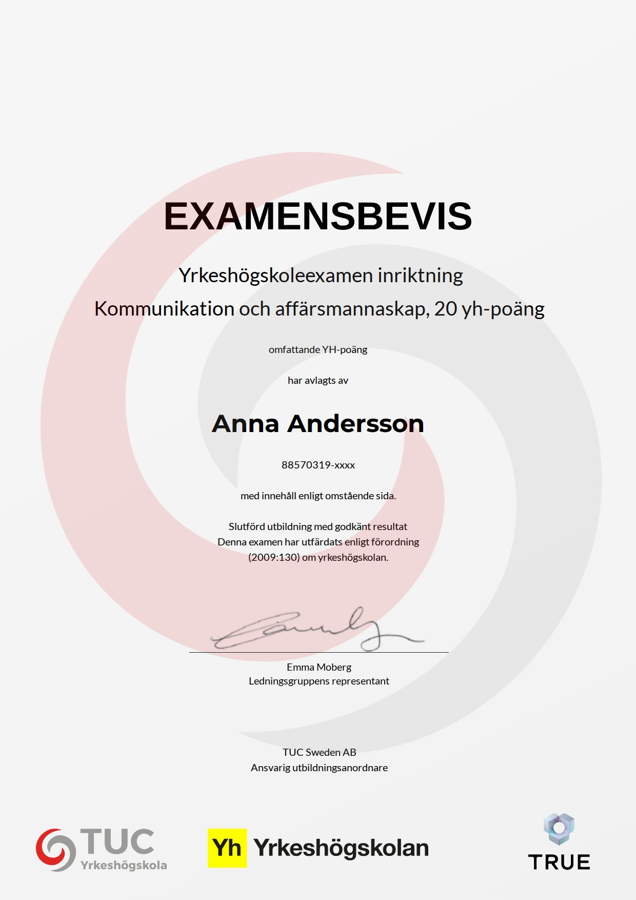 Exempel: diplom för Kommunikation och affärsmannaskap, 20 yh-poäng från TUC Yrkeshögskola
