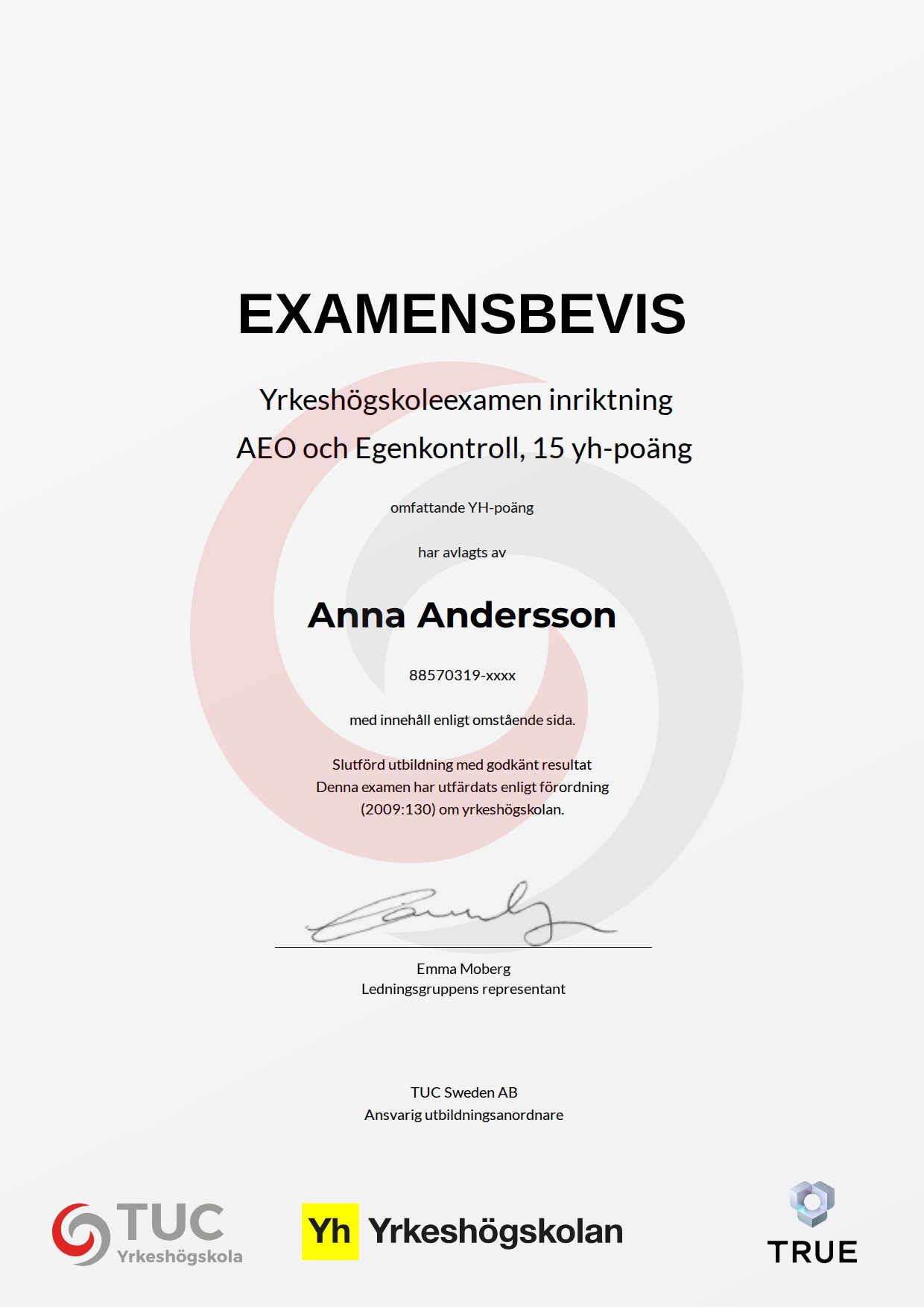 Example certificate for AEO och Egenkontroll, 15 yh-poäng from TUC Yrkeshögskola