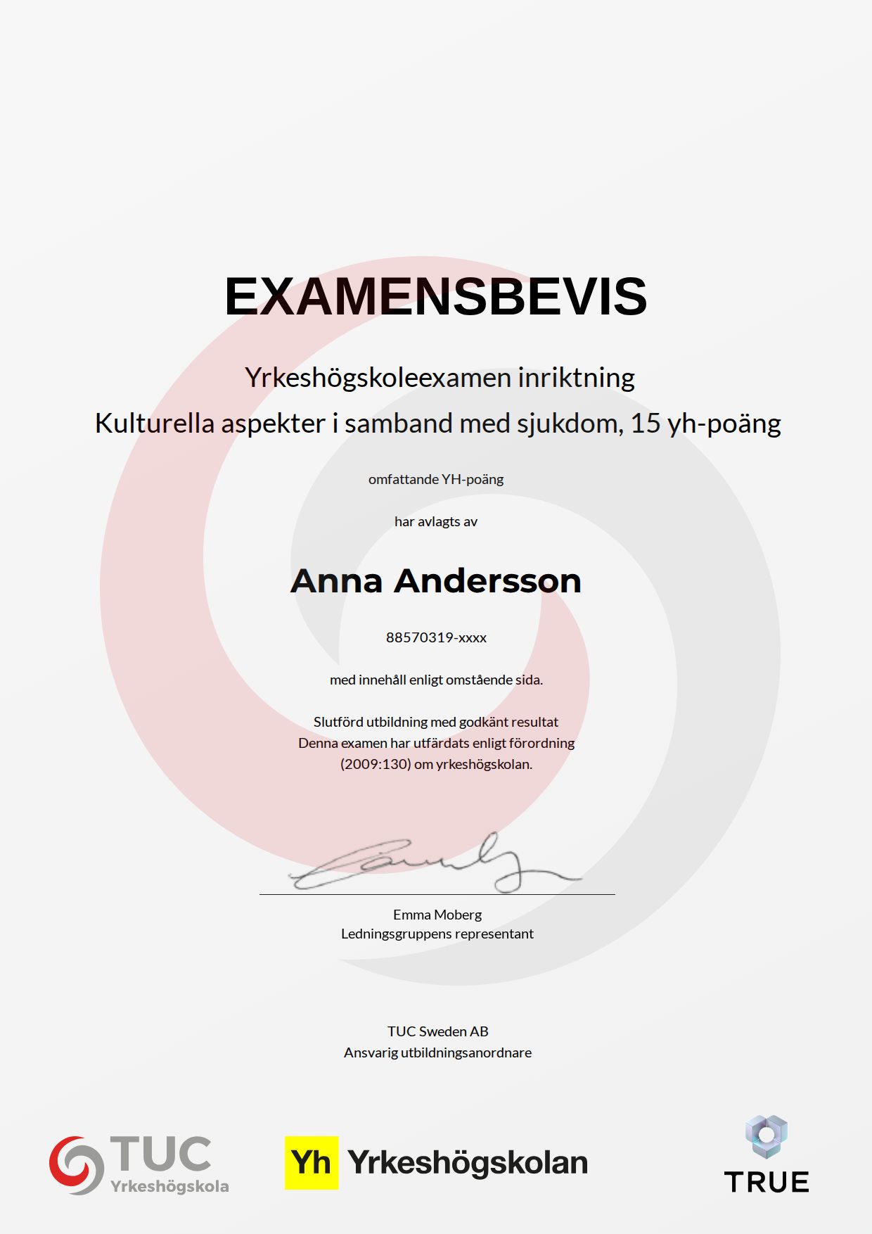 Exempel: diplom för Kulturella aspekter i samband med sjukdom, 15 yh-poäng från TUC Yrkeshögskola