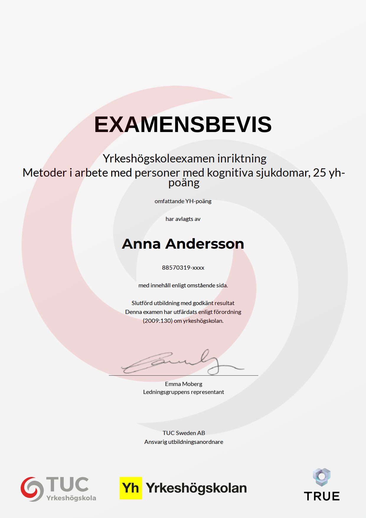 Exempel: diplom för Metoder i arbete med personer med kognitiva sjukdomar, 25 yh-poäng från TUC Yrkeshögskola