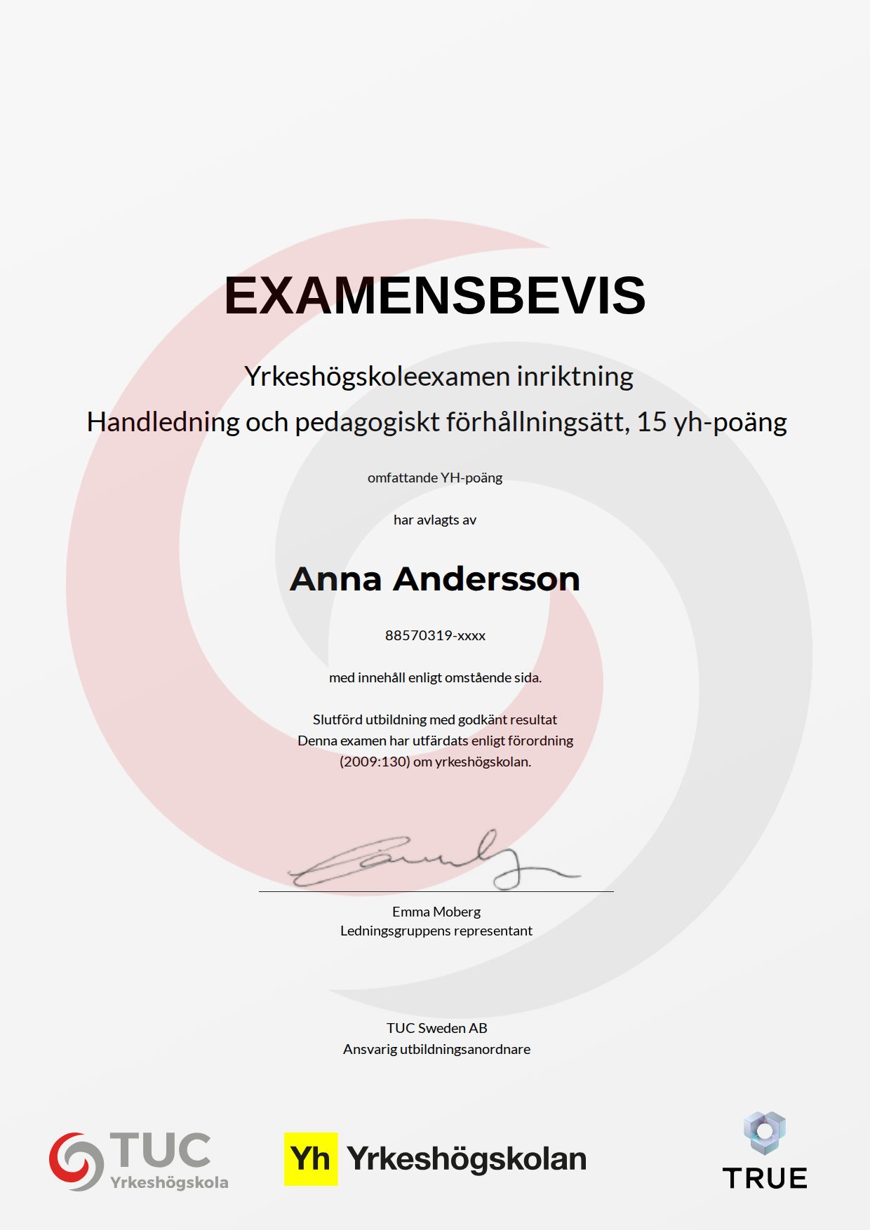 Example certificate for Handledning och pedagogiskt förhållningsätt , 15 yh-poäng from TUC Yrkeshögskola