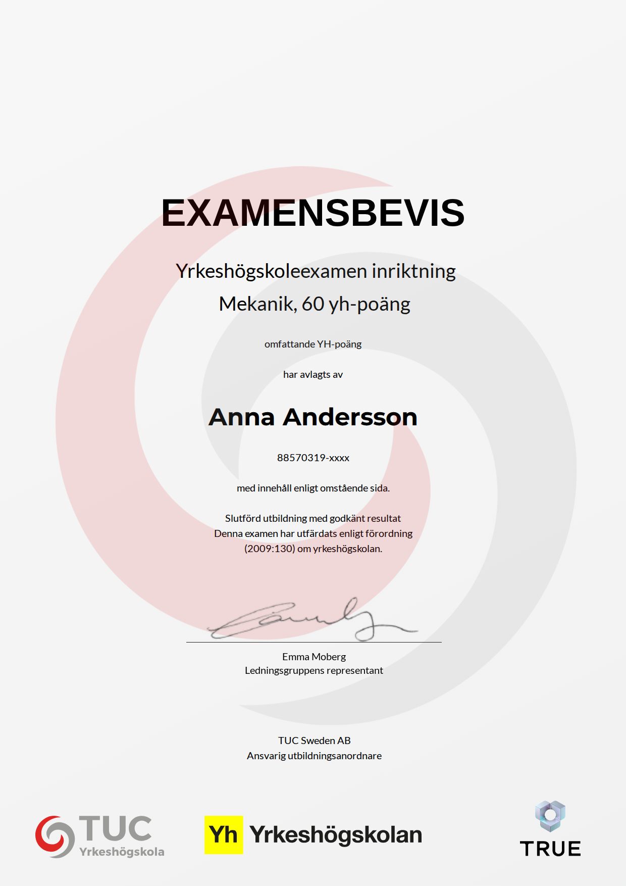 Example certificate for Mekanik, 60 yh-poäng from TUC Yrkeshögskola