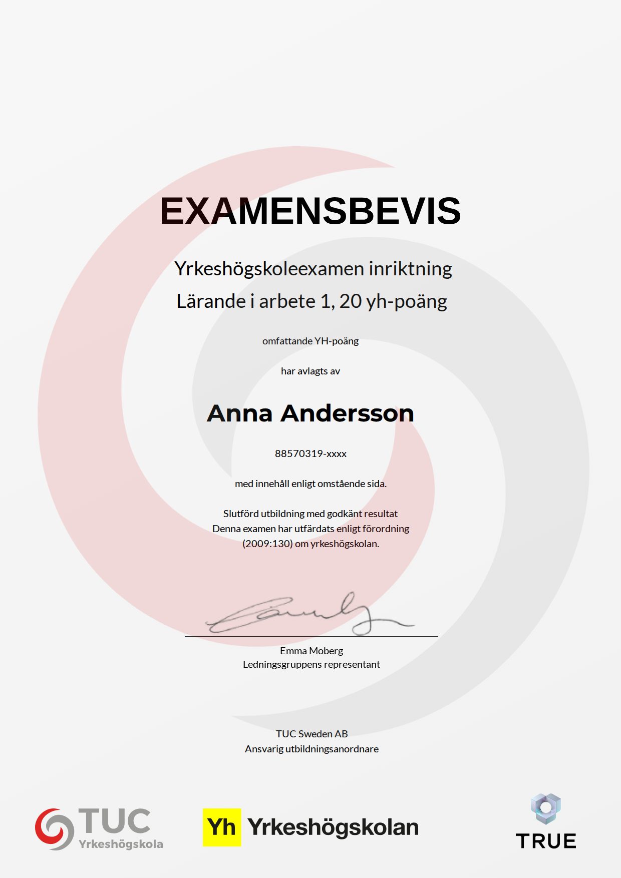 Example certificate for Lärande i arbete 1, 20 yh-poäng from TUC Yrkeshögskola