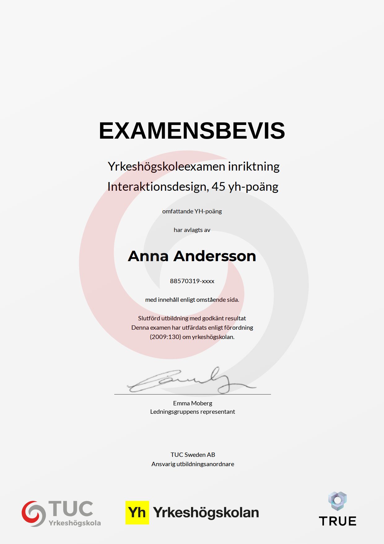 Exempel: diplom för Interaktionsdesign, 45 yh-poäng från TUC Yrkeshögskola