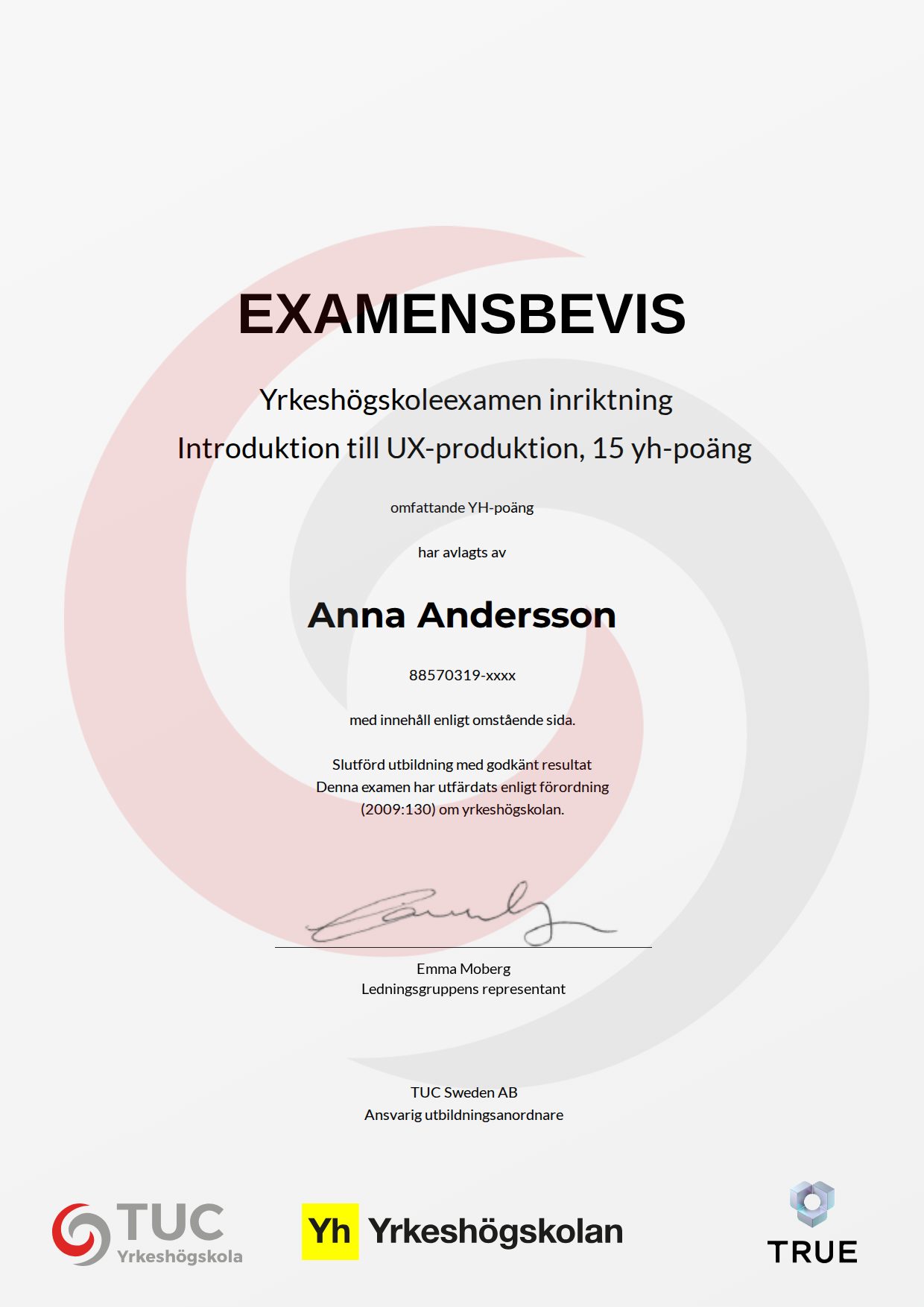 Example certificate for Introduktion till UX-produktion, 15 yh-poäng from TUC Yrkeshögskola