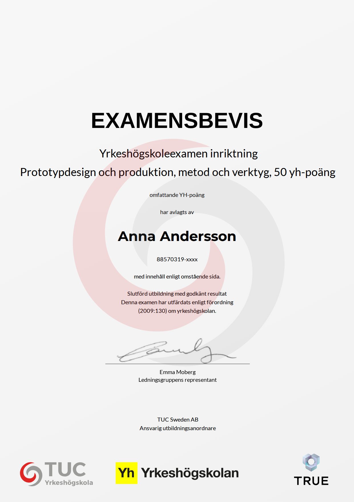 Exempel: diplom för Prototypdesign och produktion, metod och verktyg, 50 yh-poäng från TUC Yrkeshögskola