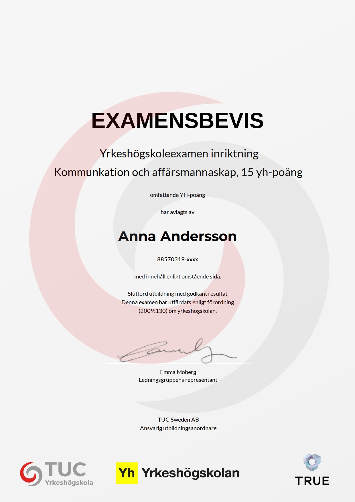 Example certificate for Kommunkation och affärsmannaskap, 15 yh-poäng from TUC Yrkeshögskola