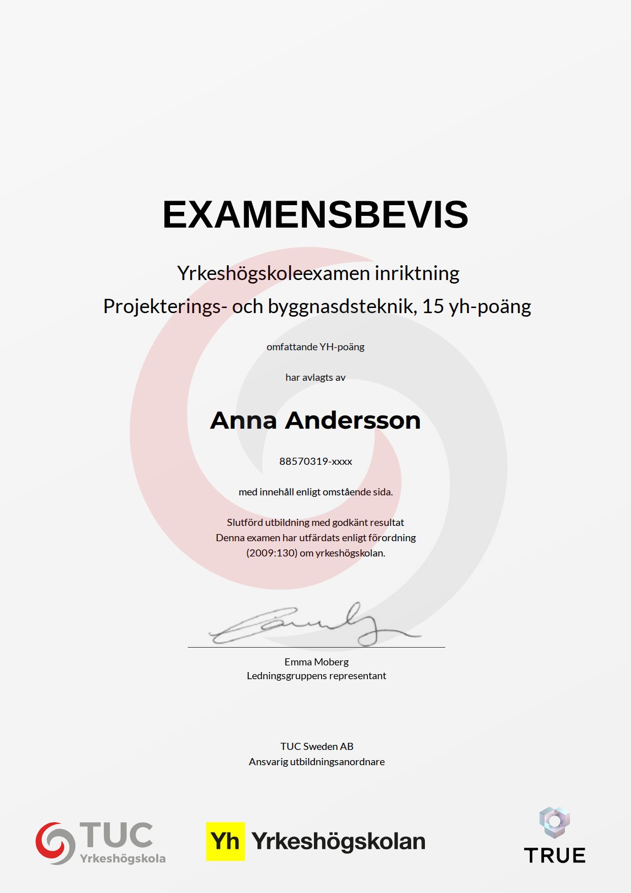 Example certificate for Projekterings- och byggnasdsteknik, 15 yh-poäng from TUC Yrkeshögskola