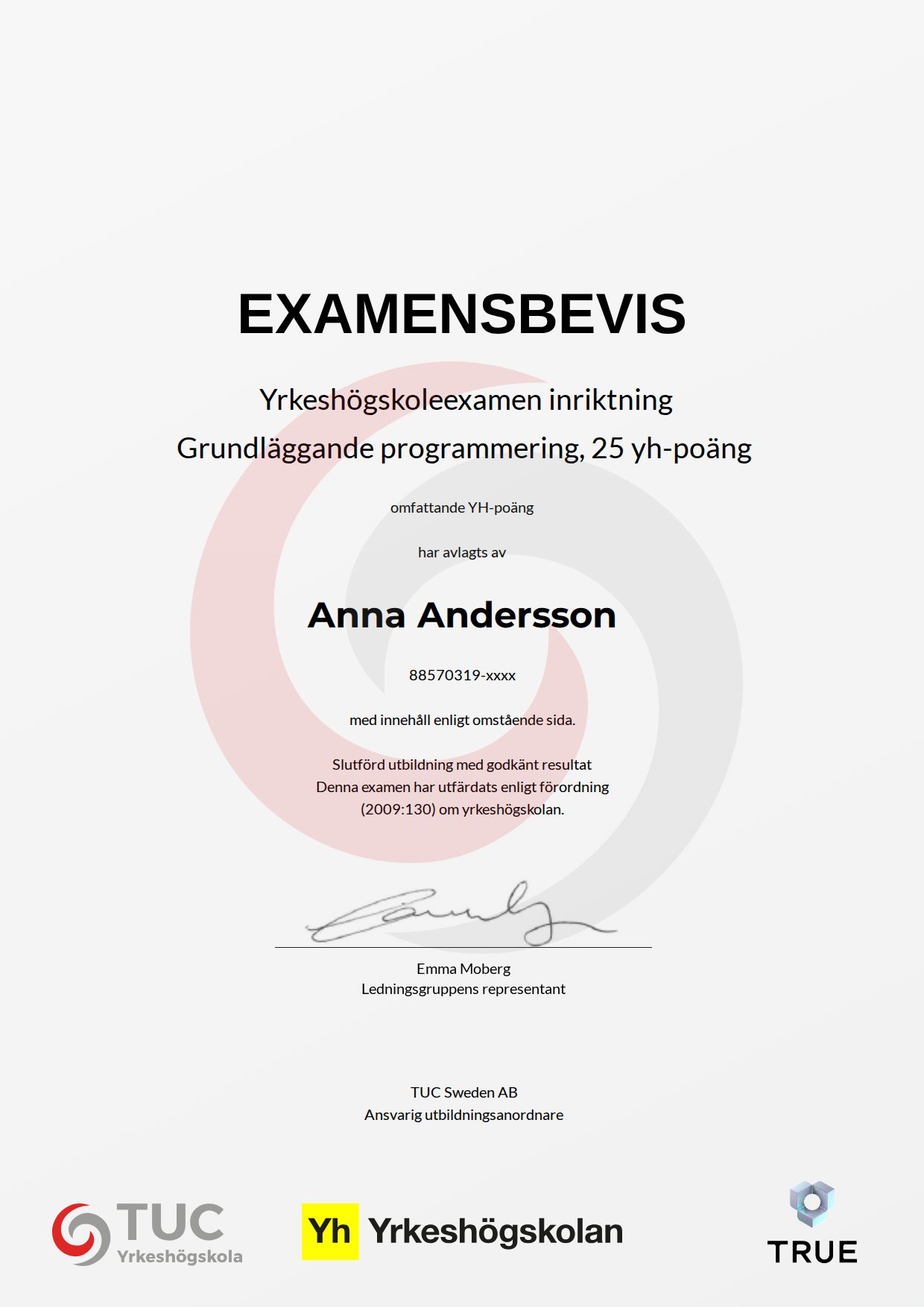 Example certificate for Grundläggande programmering, 25 yh-poäng from TUC Yrkeshögskola