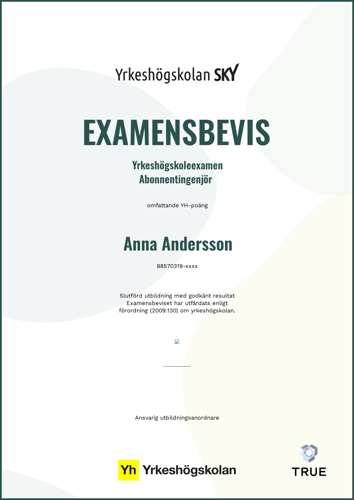 Exempel: diplom för Abonnentingenjör från Yrkeshögskolan SKY